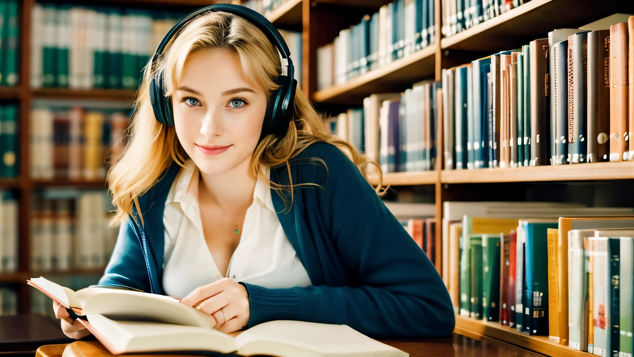 Beautiful blonde with big breasts (Holding a thick book in a library at dusk),Wearing headphones,Very detailed, 21 years old, Innocent face, Naturally Wavy Hair, blue eyes, High resolution, masterpiece, highest quality, Intricate details, Very detailed, Clear focus, Delicate skin, practical skin texture, texture, Delicate eyes, Professional, 4K, Cute Smile, Shot with Canon, 85mm, Shallow and deep,  Kodak Vision Color, Exactly, Very detailed, photograph_\(Extremist\), photographpractical, practical, Post-processing, Maximum details, Roughness, Real Life, Extremist practical, Photorealism, photographgraphy, 8K Ultra HD, photographgraphy