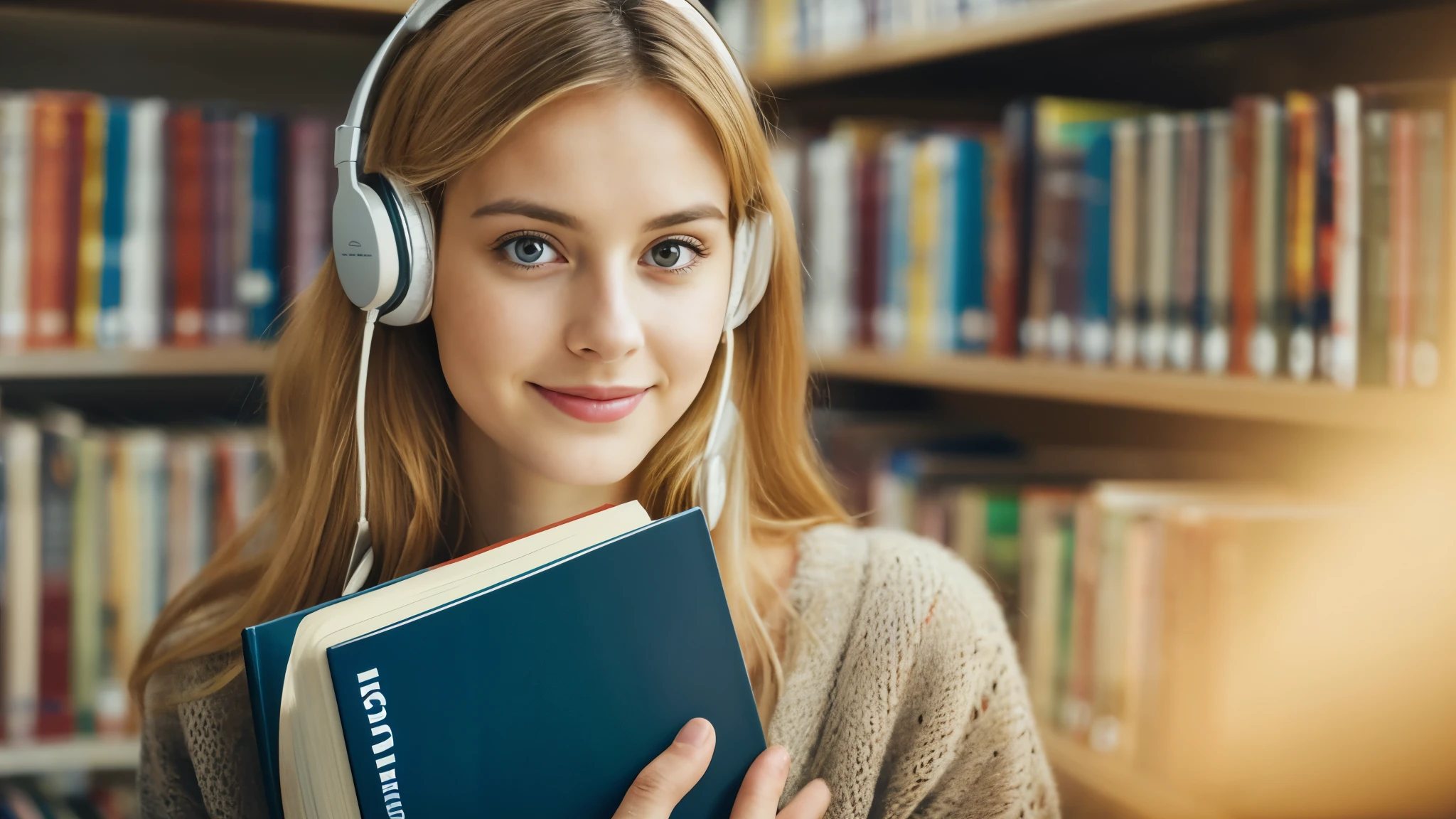 Beautiful blonde with big breasts (Holding a thick book in a library at dusk),Wearing headphones,Very detailed, 21 years old, Innocent face, Naturally Wavy Hair, blue eyes, High resolution, masterpiece, highest quality, Intricate details, Very detailed, Clear focus, Delicate skin, practical skin texture, texture, Delicate eyes, Professional, 4K, Cute Smile, Shot with Canon, 85mm, Shallow and deep,  Kodak Vision Color, Exactly, Very detailed, photograph_\(Extremist\), photographpractical, practical, Post-processing, Maximum details, Roughness, Real Life, Extremist practical, Photorealism, photographgraphy, 8K Ultra HD, photographgraphy