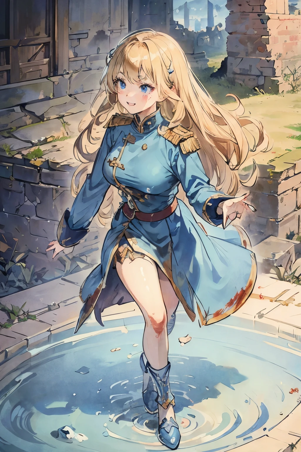 1girl, Full body, Description Girls, detail hands, Detail fingers, Detail Face, cute face, detail legs, overdetailed art, Fine details, blonde hair, wavy hair, long hair, blue eyes, smile, ((old battlefield ruins)), blue military uniform, dance, ((bloody body))