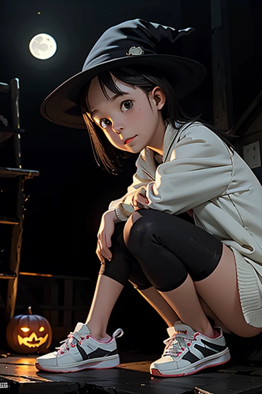 1 girl, Imatsuri | Move | Imuchika | magnet, 1 woman ,alone, Precision in the details,High resolution,Smooth image quality,Clear,Contour,(Tabletop,high quality,16k:1.1),(Written boundary depth:1.3) ,woman, Witch Hat, Sneakers, Haunted house in the background, Abandoned house in ruins, Dark Night, full moon, exterior, Halloween night decoration, Holloween, pumpkin, Autumn Tree々, Foggy and dark atmosphere, Dark gothic atmosphere,