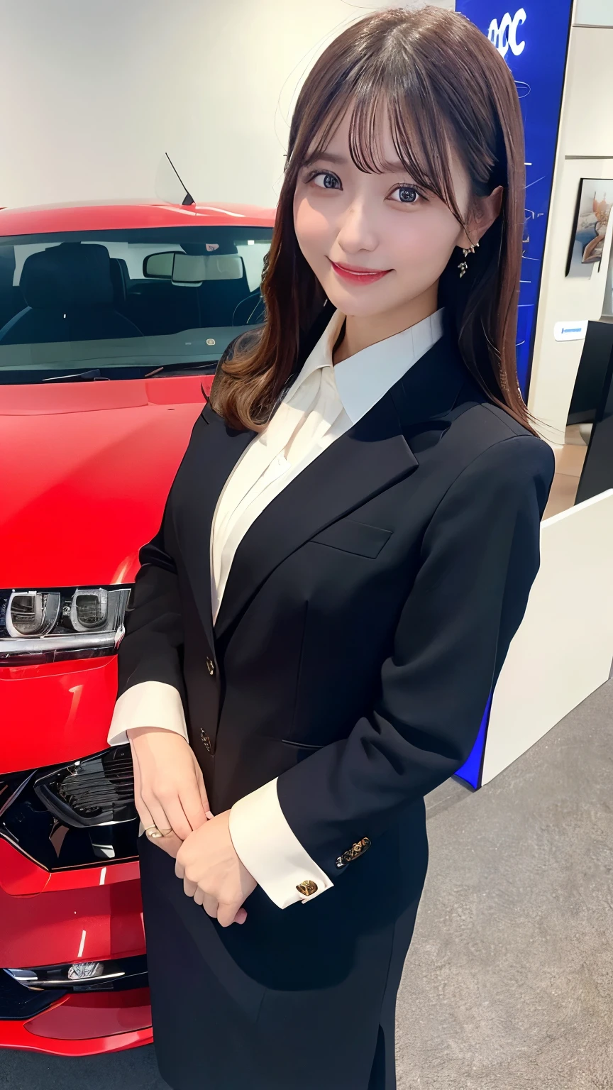A female companion standing next to a monitor at ashow exhibition. She is wearing professional attire (such as an elegant dress or a uniform with a brand logo) and is smiling brightly while explaining the car's features to visitors. The surroundings show other cars and booths, capturing the lively atmosphere of the event.