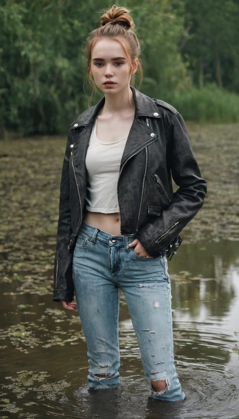 a teenage girl, drowning in swamp, long messy loose bun, freckles, wearing detailed flared jeans, faded leather biker jacket, pale skin, lifeless expression, orgasm, standing