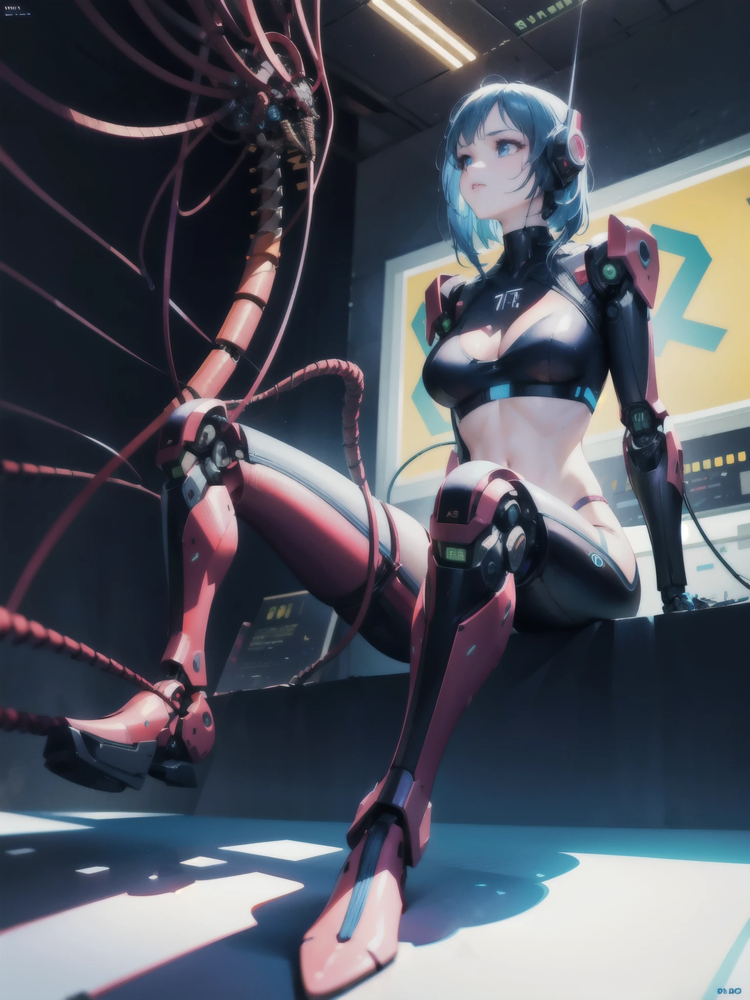 complex 3d render ultra detailed of a beautiful porcelain profile girl android face,cyborg,robotic parts,150 mm,beautiful studio soft light,rim light,vibrant details,luxurious cyberpunk crop top,hyperrealistic,anatomical,facial muscles,cable electric wires,microchip,elegant,octane render,H. R. Giger style,8k,best quality,masterpiece,illustration,extremely detailed,CG,unity,(realistic, photo-realistic:1.37),Amazing,finely detail,masterpiece,best quality,official art,absurdres,incredibly absurdres,robot,blue white neon halmet,full body,sitting,dynamic pose,wind,laboratory,binding,neon light,minimalism,dim lighting