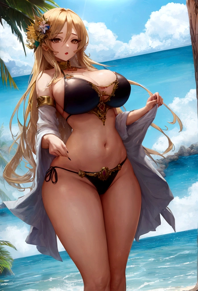 a beautiful woman with slightly large breasts, very wide hips, wearing a bikini, ara ara energy, extremely detailed, beautiful long eyelashes, seductive expression, hourglass figure, warm sunlight, vivid colors, cinematic lighting