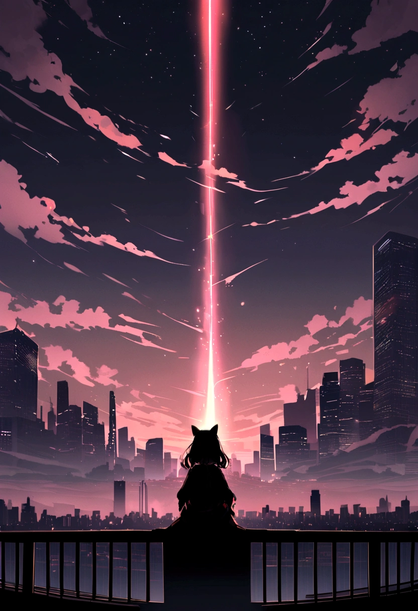 (red tint、pink),Octane, null, performer(null), landscape, 星null, night,( One Girl,一匹のCat、I'll be there for you:1.5),(I'll be there for you:1.3),Cat,nightnull, solo, Outdoor, built, cloud, shooting star,Sit on, wood, Hair length, city, silhouette, 都city景観,From behind