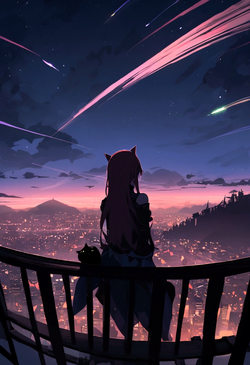 (red tint、pink),Octane, null, performer(null), landscape, 星null, night,( One Girl,一匹のCat、I'll be there for you:1.5),(I'll be there for you:1.3),Cat,nightnull, solo, Outdoor, built, cloud, shooting star,Sit on, wood, Hair length, city, silhouette, 都city景観,From behind