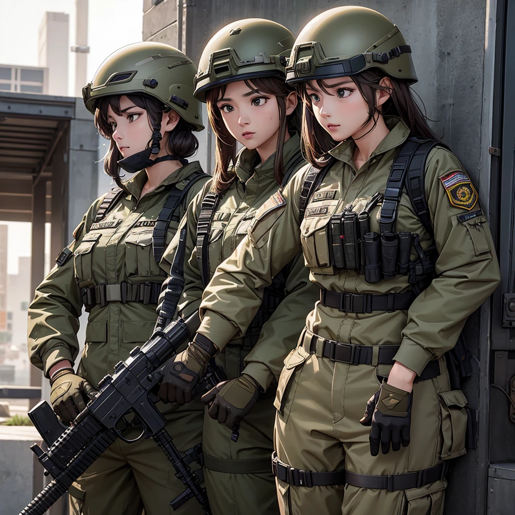 Three female special forces soldiers in brown combat uniforms，Wear a helmet、Individual equipment set、Fighting indoors、masterpiece、best quality、Highly detailed CG、8K picture quality