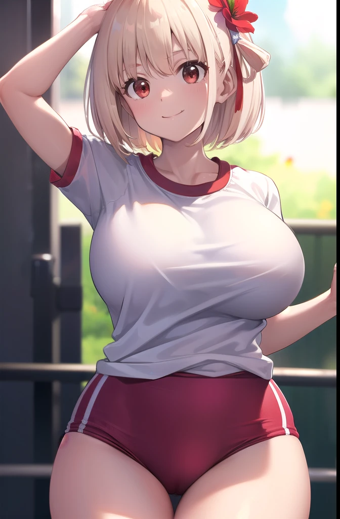 chisatonishikigi, nishikigi chisato, short hair, bangs, blonde, (Red eyes:1.5), Hair Ribbon, One side up, Bobcut, break ((((((Red flower))))))'(((((White shirt)))))'(((((Gym Wear))))) break outdoors, Athletics, break looking at viewer, break (masterpiece:1.2), highest quality, High resolution, unity 8k wallpaper, (shape:0.8), (Beautiful details:1.6), Highly detailed face, Perfect lighting, Extremely detailed CG, (Perfect hands, Perfect Anatomy),(((Big Breasts)))'(((Thighs)))'(smile)