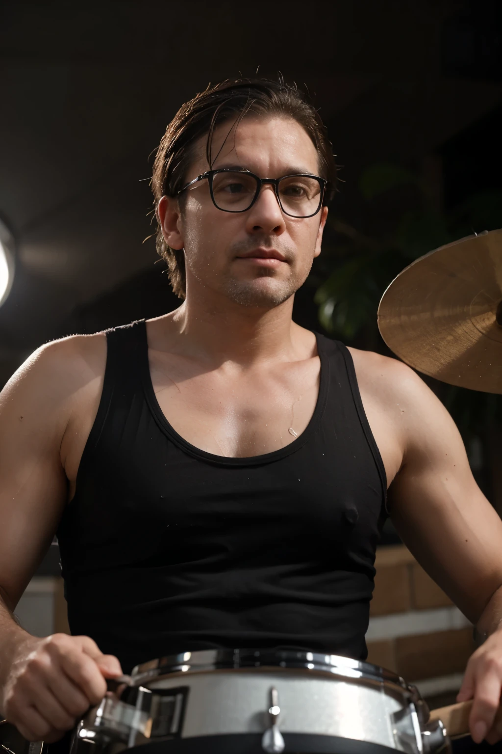 create a 40-year-old man, with a defined body wearing black-rimmed prescription glasses, slightly gray hair on the sides, with a big nose, sharp chin and full lips in a tank top playing the drums in the rain