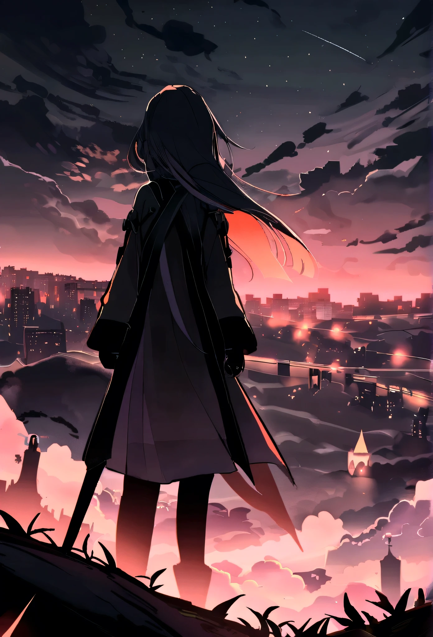 (red tint、pink),Octane, null, performer(null), landscape, Star null, night,( One Girl,A Cat、I'll be there for you:1.5),(I'll be there for you:1.3),Cat,nightnull, solo, Outdoor, built, cloud, shooting star,Sit on, wood, Hair length, city, silhouette, Cityscape,From behind