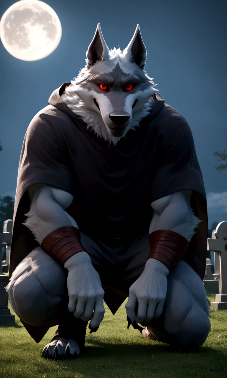 score_9, score_8_up, score_7_up, rating_safe,source_furry,anthro,source_3D, A scene taken from a Hollywood film where a werewolf with red eyes He's kneeling alone in a cemetery with a full moon and the howling 