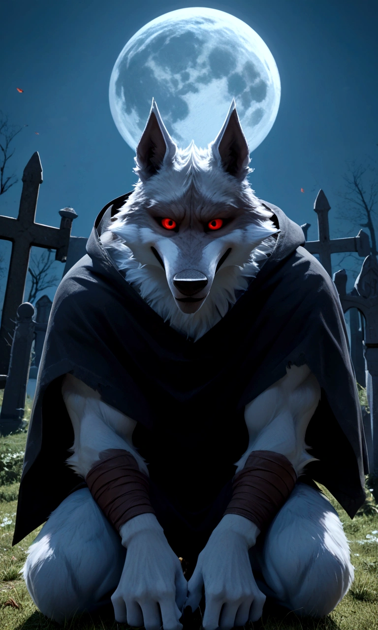 score_9, score_8_up, score_7_up, rating_safe,source_furry,anthro,source_3D, A scene taken from a Hollywood film where a werewolf with red eyes He's kneeling alone in a cemetery with a full moon and the howling
