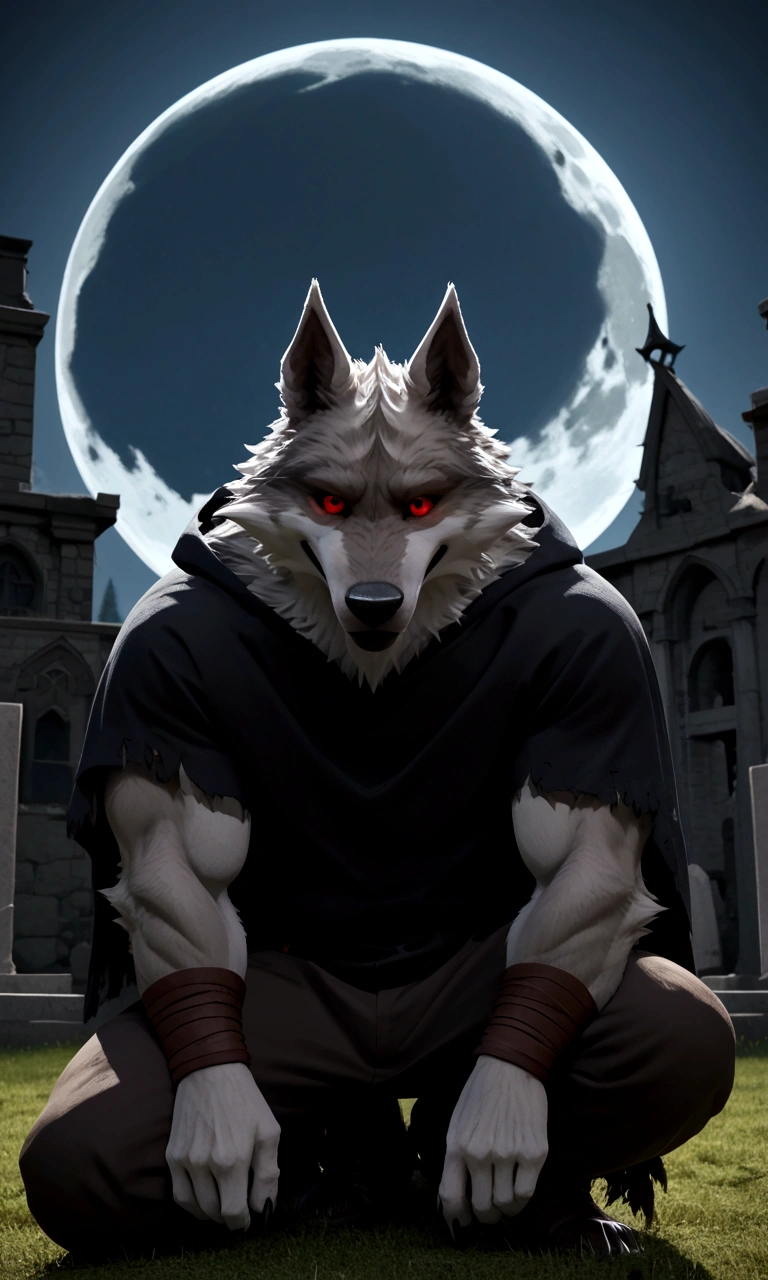 score_9, score_8_up, score_7_up, rating_safe,source_furry,anthro,source_3D, A scene taken from a Hollywood film where a werewolf with red eyes He's kneeling alone in a cemetery with a full moon and the howling 