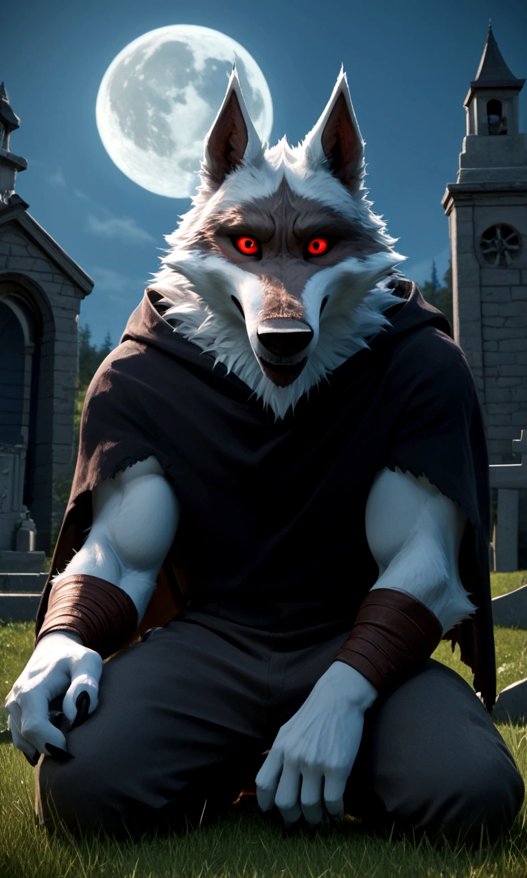 score_9, score_8_up, score_7_up, rating_safe,source_furry,anthro,source_3D, A scene taken from a Hollywood film where a werewolf with red eyes He's kneeling alone in a cemetery with a full moon and the howling