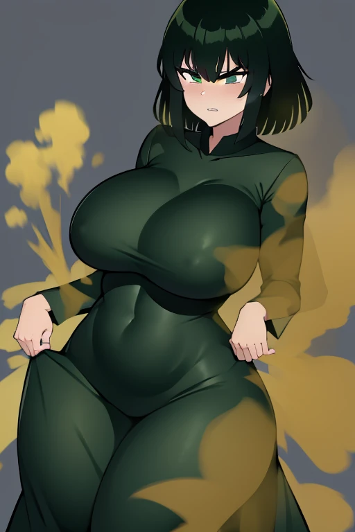 Fubuki, wearing default outfit, dark green outfit, long dress, default hair, dark green hair, big breasts, big , big body, tall body, farting, fart, yellow smoke, clenching teeth