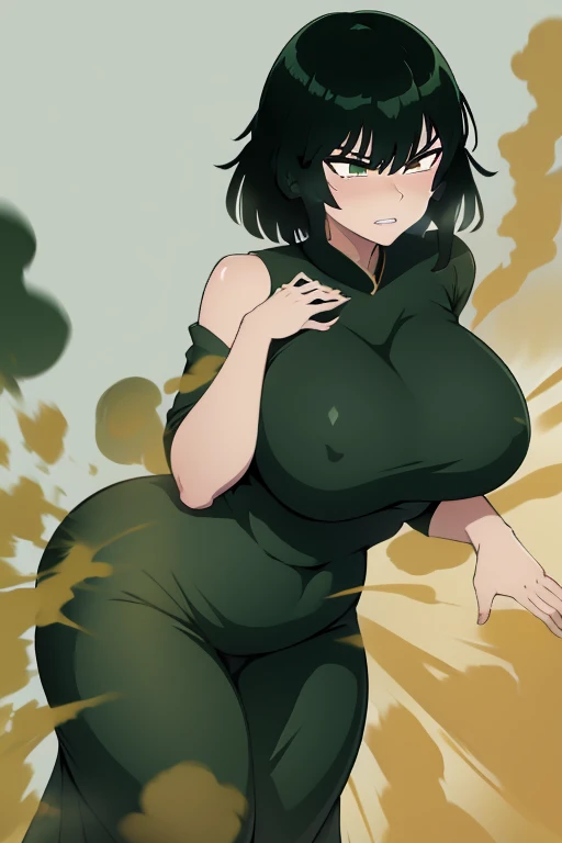 Fubuki, wearing default outfit, dark green outfit, long dress, default hair, dark green hair, big breasts, big , big body, tall body, farting, fart, yellow smoke, clenching teeth