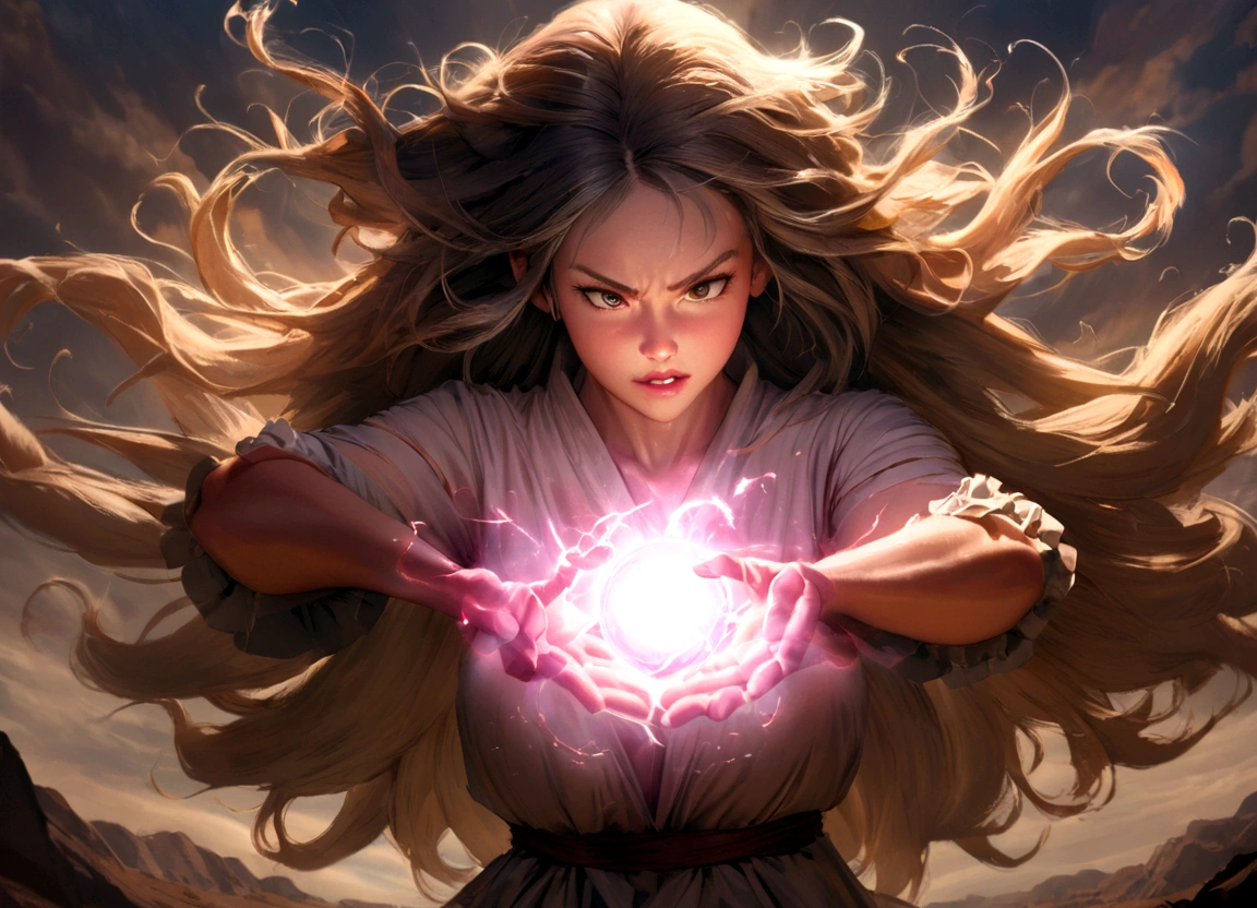a woman with flowing sheer silk clothes, yelling as she summons a dragon ball, blasted moonscape, highly detailed, 8k, photorealistic, cinematic lighting, dramatic, powerful, energetic, athletic, young female, detailed face and eyes, flowing hair, dramatic pose, powerful energy, dragon ball, blasted moonscape, dramatic sky, glowing energy, cinematic, epic, stunning, masterpiece