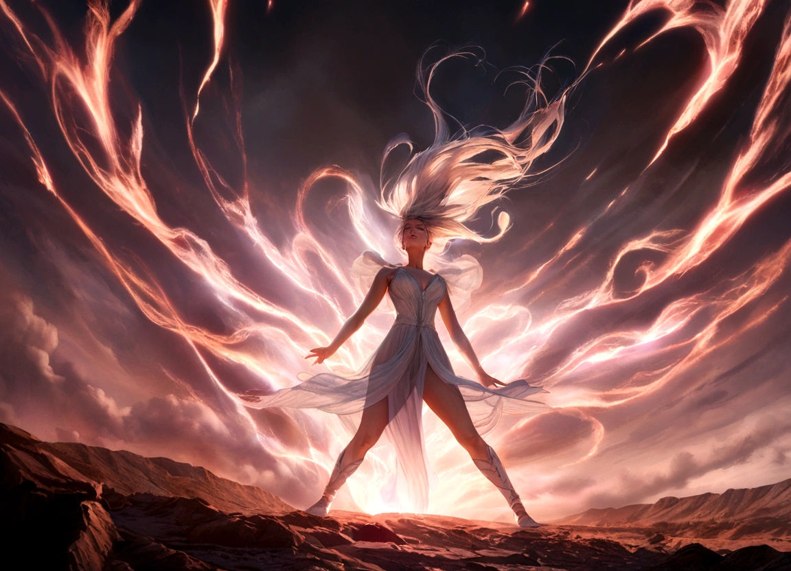a woman with flowing sheer silk clothes, yelling as she summons a dragon ball, blasted moonscape, highly detailed, 8k, photorealistic, cinematic lighting, dramatic, powerful, energetic, athletic, young female, detailed face and eyes, flowing hair, dramatic pose, powerful energy, dragon ball, blasted moonscape, dramatic sky, glowing energy, cinematic, epic, stunning, masterpiece