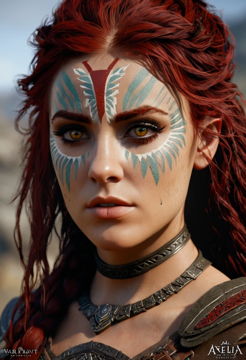 masterpiece, best quality, octane render, intricate detail, Aela, 3 lines war paint, insanely detailed eyes, beautiful face, detailed dark red hair, skin pores