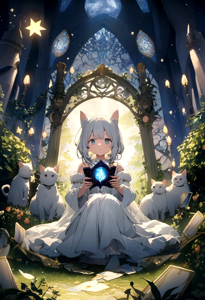 A white cat enjoying fortune telling with tarot cards in a fantastical atmosphere。The cat has fluffy white fur、She has beautiful eyes。Cat holding tarot cards、A girl is seriously reading a fortune.。A soft light shines into the background、Stars and Moon、Magical forest elements are scattered throughout。whole, A dreamy fantasy world unfolds.、Heals the hearts of those who see it