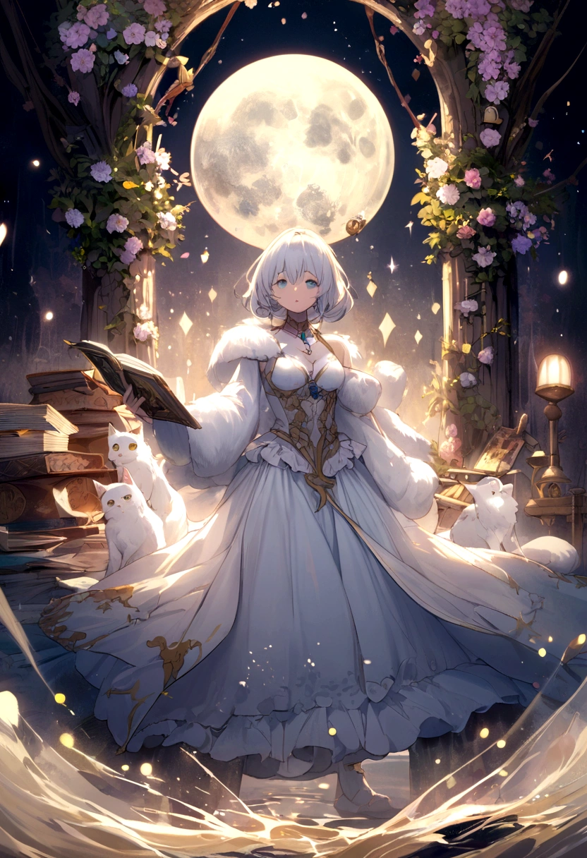 A white cat enjoying fortune telling with tarot cards in a fantastical atmosphere。The cat has fluffy white fur、She has beautiful eyes。Cat holding tarot cards、A girl is seriously reading a fortune.。A soft light shines into the background、Stars and Moon、Magical forest elements are scattered throughout。whole, A dreamy fantasy world unfolds.、Heals the hearts of those who see it