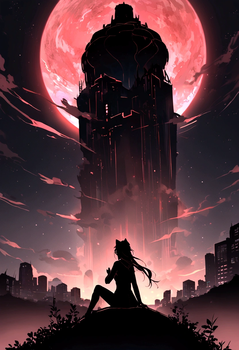 （red tint、pink），Octane, null, performer(null), landscape, 星null, night,（ One Girl,一匹のCat、I&#39;ll be there for you：1.5），（I&#39;ll be there for you：1.3），Cat，nightnull, solo, Outdoor, built, cloud, shooting star，Sit on, wood, Hair length, city, silhouette, 都city景観，From behind