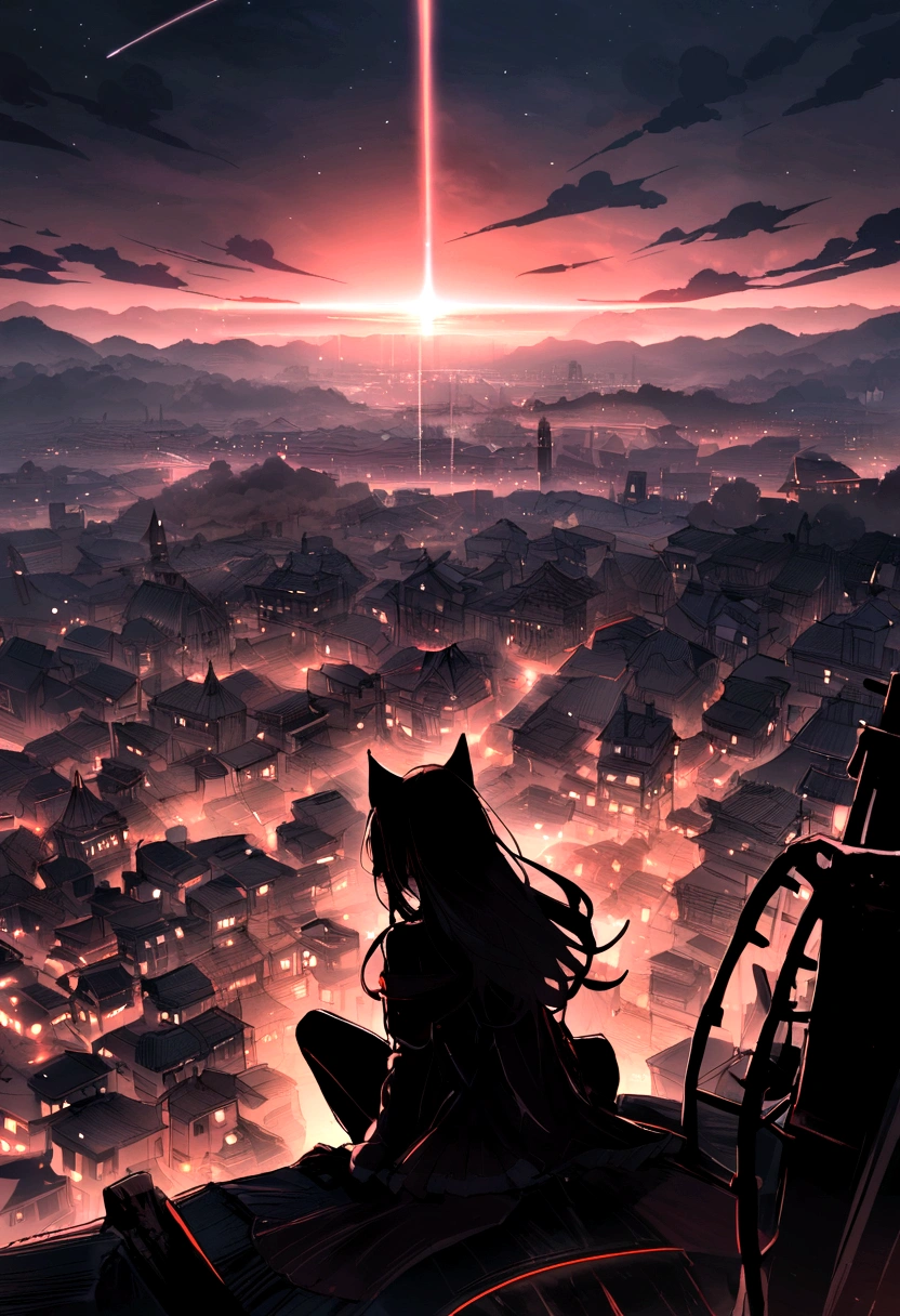 (red tint、pink),Octane, null, performer(null), landscape, 星null, night,( One Girl,一匹のCat、I'll be there for you:1.5),(I'll be there for you:1.3),Cat,nightnull, solo, Outdoor, built, cloud, shooting star,Sit on, wood, Hair length, city, silhouette, 都city景観,From behind
