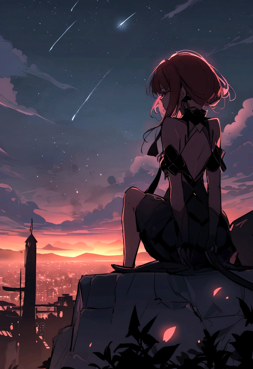 (red tint、pink),Octane, null, performer(null), landscape, 星null, night,( One Girl,一匹のCat、I'll be there for you:1.5),(I'll be there for you:1.3),Cat,nightnull, solo, Outdoor, built, cloud, shooting star,Sit on, wood, Hair length, city, silhouette, 都city景観,From behind