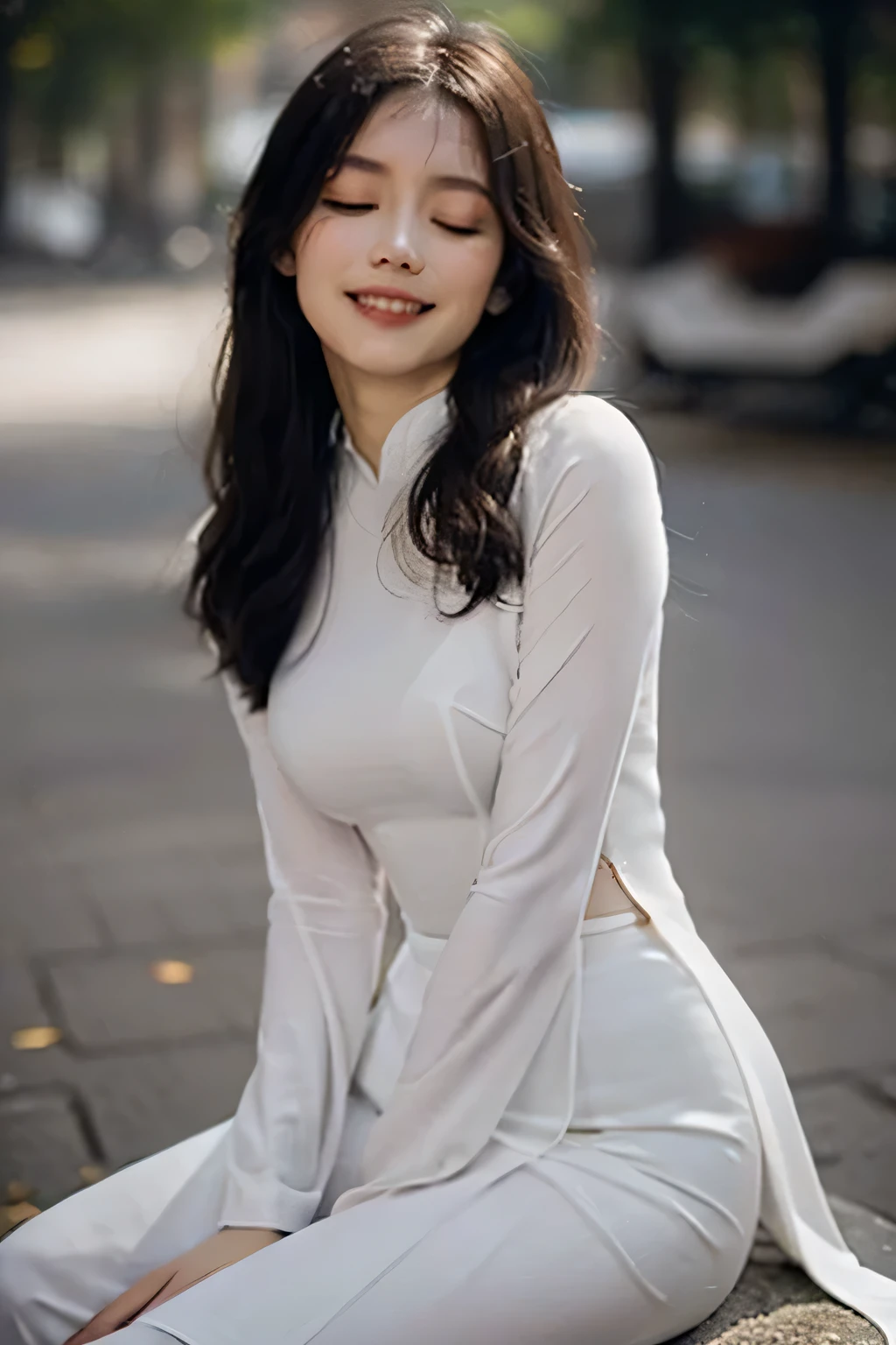 Best quality,masterpiece,ultra high res,(photorealistic:1.4),1 girl, solo,hime cut ,long hair ,light smile, vietnamese dress,  outdoor,sitting, beauty,pettiskirt, closed eyes, ultra realistic,32k,RAW photo,(high detailed skin:1.2), 8k uhd, dslr, soft lighting, high quality, film grain