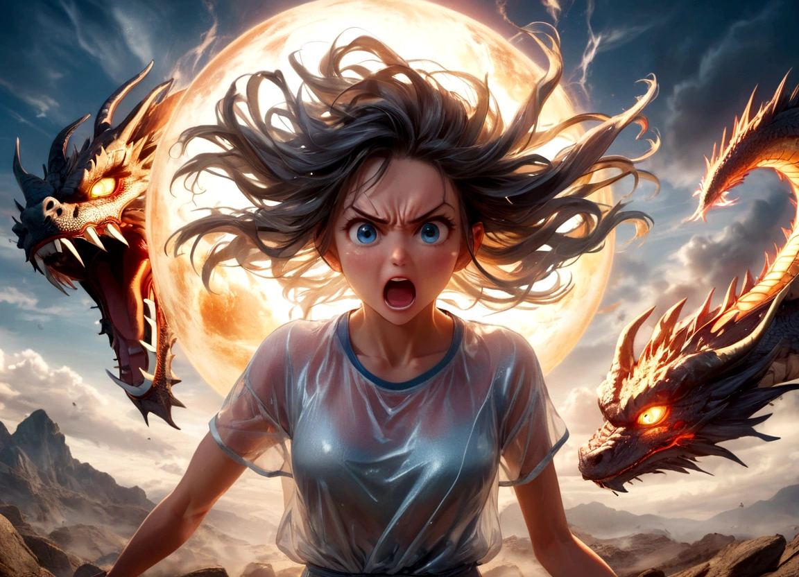 a woman with flowing sheer silk clothes, yelling as she summons a dragon ball, blasted moonscape, highly detailed, 8k, photorealistic, cinematic lighting, dramatic, powerful, energetic, athletic, young female, detailed face and eyes, flowing hair, dramatic pose, powerful energy, dragon ball, blasted moonscape, dramatic sky, glowing energy, cinematic, epic, stunning, masterpiece