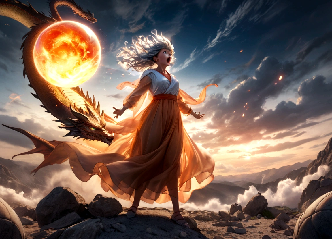 a woman with flowing sheer silk clothes, yelling as she summons a dragon ball, blasted moonscape, highly detailed, 8k, photorealistic, cinematic lighting, dramatic, powerful, energetic, athletic, young female, detailed face and eyes, flowing hair, dramatic pose, powerful energy, dragon ball, blasted moonscape, dramatic sky, glowing energy, cinematic, epic, stunning, masterpiece