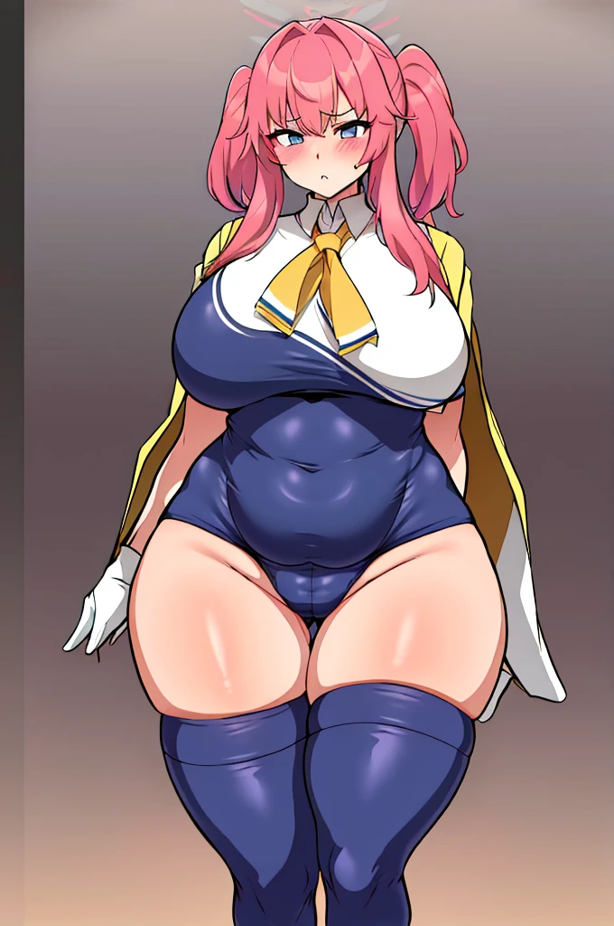 One Girl,{Knee-high socks}、(((Wide Hips)))、 (((plump and thick thighs)))、((Big Ass))、(Big Breasts) Embarrassed look、whole body、Sexy pose、Pleated skirt