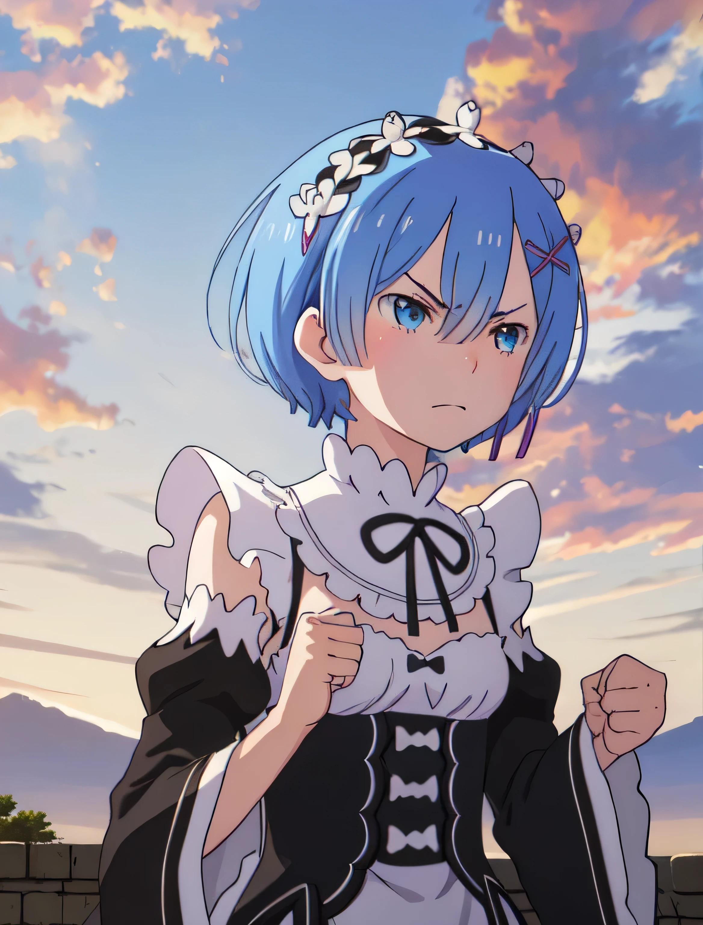 highest quality, masterpiece, phRem, One girl, alone, roswaal mansion Maid uniform, Maid,View from the front, null, Removable sleeves, cloud, Outdoor, chest, Angry face,,Clenched fist, Anime Coloring, sunset, Upper Body, medium chest, Maid headdress, Erupted volcanoes,Frills, Black Ribbon, Neck ribbon,
