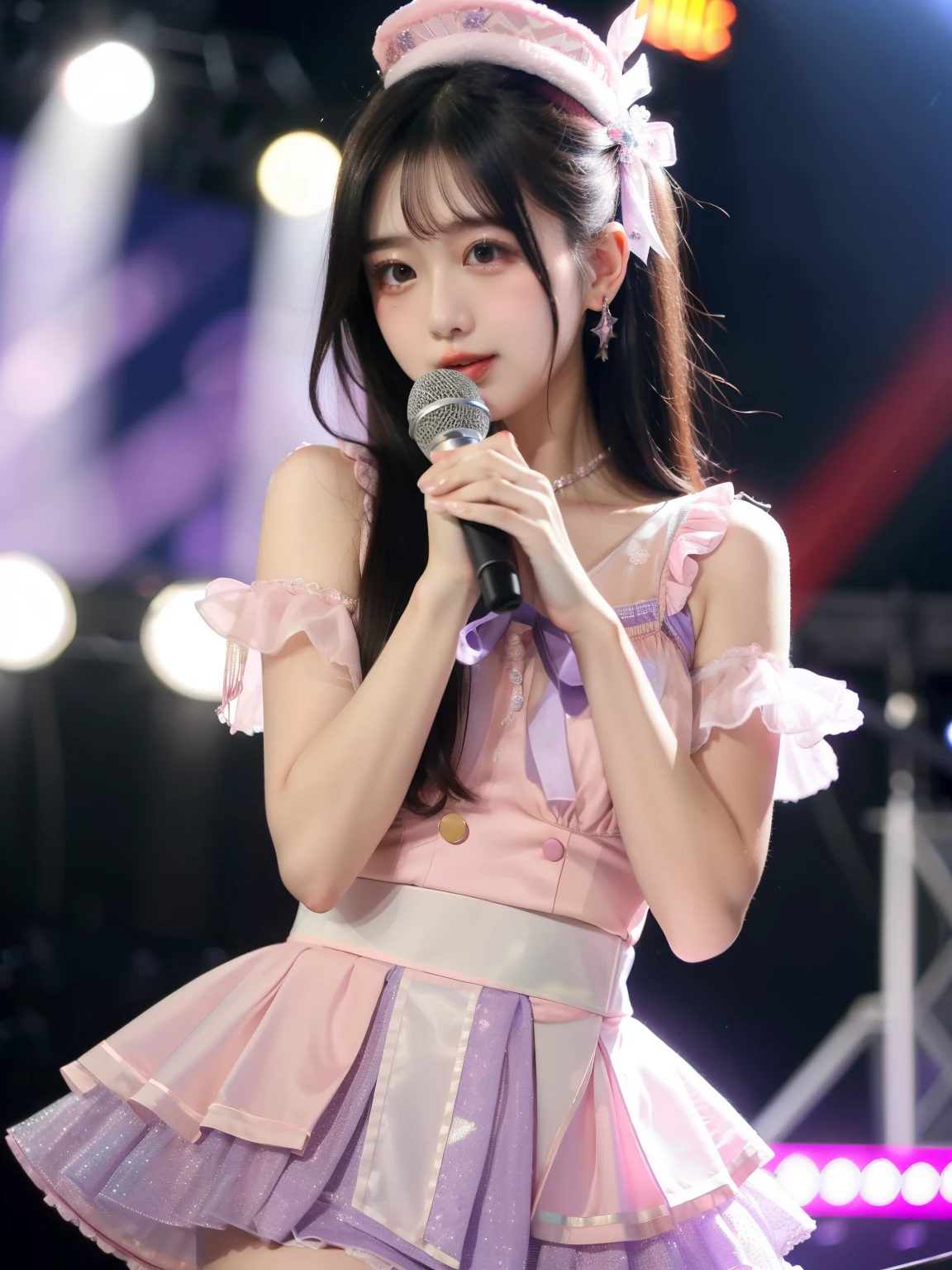 Girl Idol,
pink japanese idol costume,purple,
stage,Performance Site,Bokeh,
8k,RAW Photos,highest quality,masterpiece,Realistic,photo-Realistic,