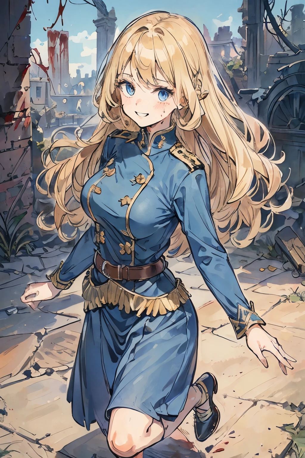 1girl, Full body, Description Girls, detail hands, Detail fingers, Detail Face, cute face, detail legs, overdetailed art, Fine details, blonde hair, wavy hair, long hair, blue eyes, smile, ((old battlefield ruins)), blue military uniform, dance, ((bloody body))