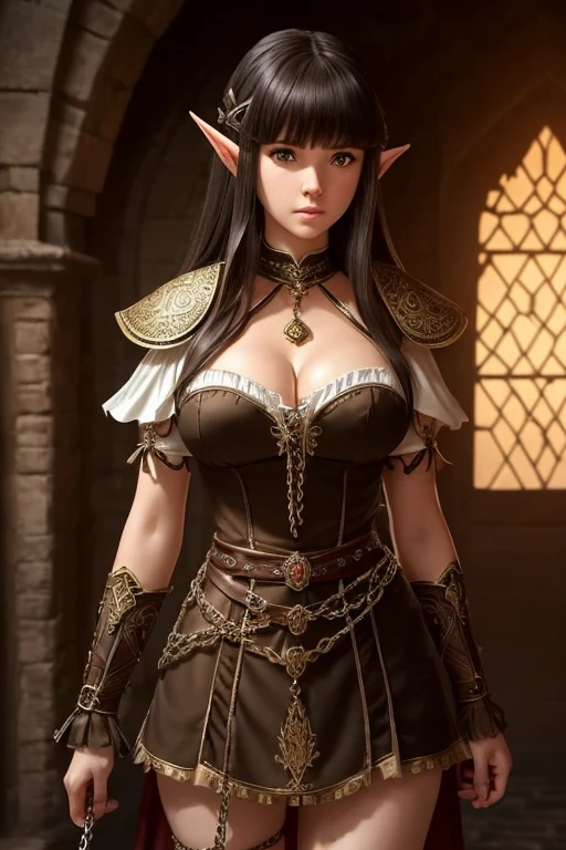 11 female elf, masterpiece, best quality, ultra-detailed, beautiful detailed, (((extremely detailed face))), (((blunt bangs))), (((big ruffles and ribbon))), sad look, ( ((short tunic to the thighs))), shoulder-length black hair, brown eyes, thin lips, round face, large breasts with cleavage, wide waist, 1.67m and 46kg, standing chained in the dungeon ((chains on hands and neck)) dramatic scene