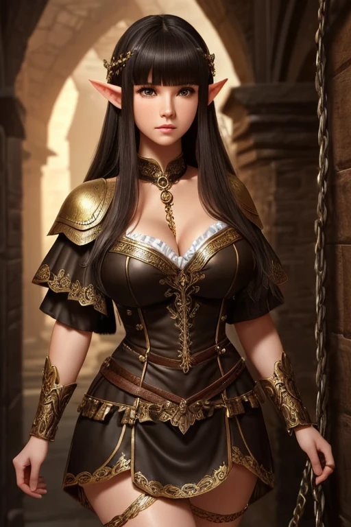 11 female elf, masterpiece, best quality, ultra-detailed, beautiful detailed, (((extremely detailed face))), (((blunt bangs))), (((big ruffles and ribbon))), sad look, ( ((short tunic to the thighs))), shoulder-length black hair, brown eyes, thin lips, round face, large breasts with cleavage, wide waist, 1.67m and 46kg, standing chained in the dungeon ((chains on hands and neck)) dramatic scene