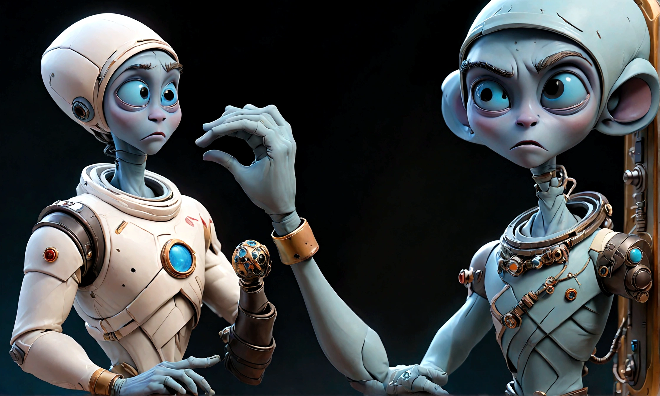 A tall alien, with blue skin and bright eyes, extending his hand to help the astronaut.