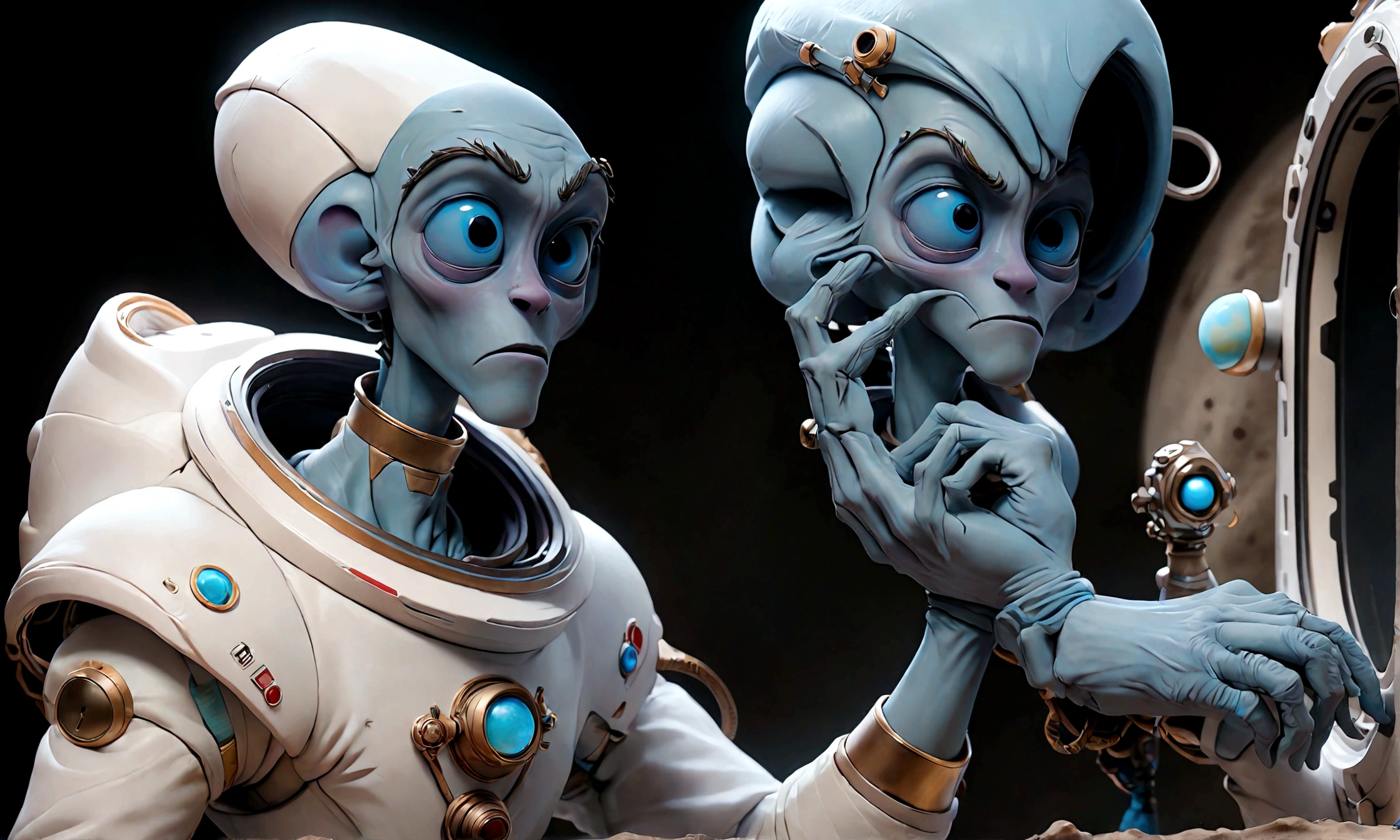 A tall alien, with blue skin and bright eyes, extending his hand to help the astronaut.