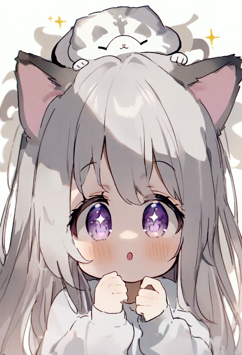 White long sleeve shirt、Full body、Purple eyes sparkling with precious stones，[Nice s:1.5]、Cat ears，touch、[Shy look:1.5]，Open white shirt，Cute lol，Look at your head，beautiful eyes，Open all、Cute faces in anime，Long gray hair,[Spoiled children],Ahoj was fascinated,beautiful eyes、8K images