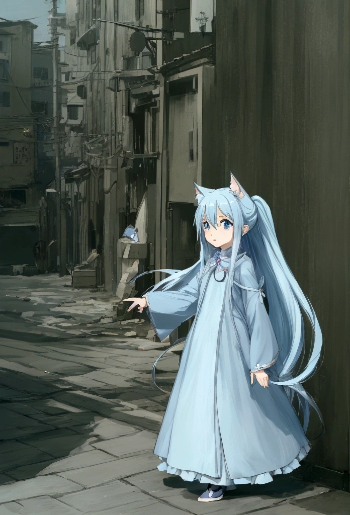 anime,light blue loose long hair shota wearing light blue witch dress,hyper cute shota,play with cats,in street,
