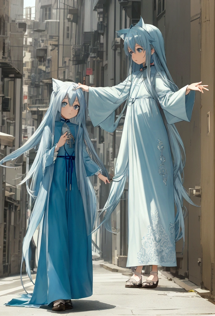 anime,light blue loose long hair shota wearing light blue witch dress,hyper cute shota,play with cats,in street,
