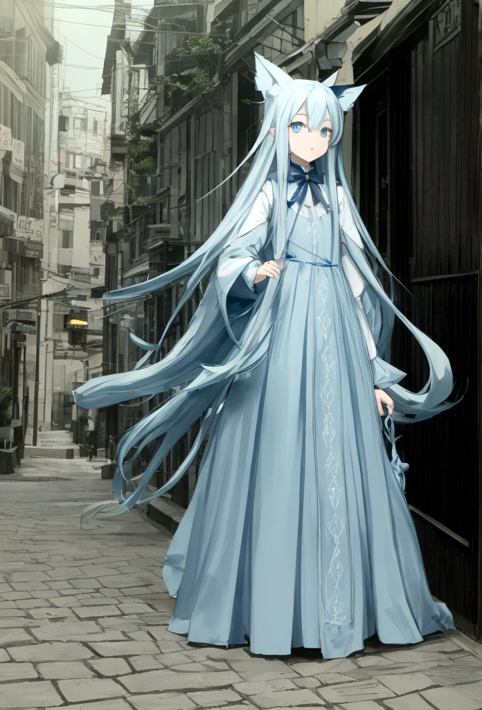 anime,light blue loose long hair shota wearing light blue witch dress,hyper cute shota,play with cats,in street,