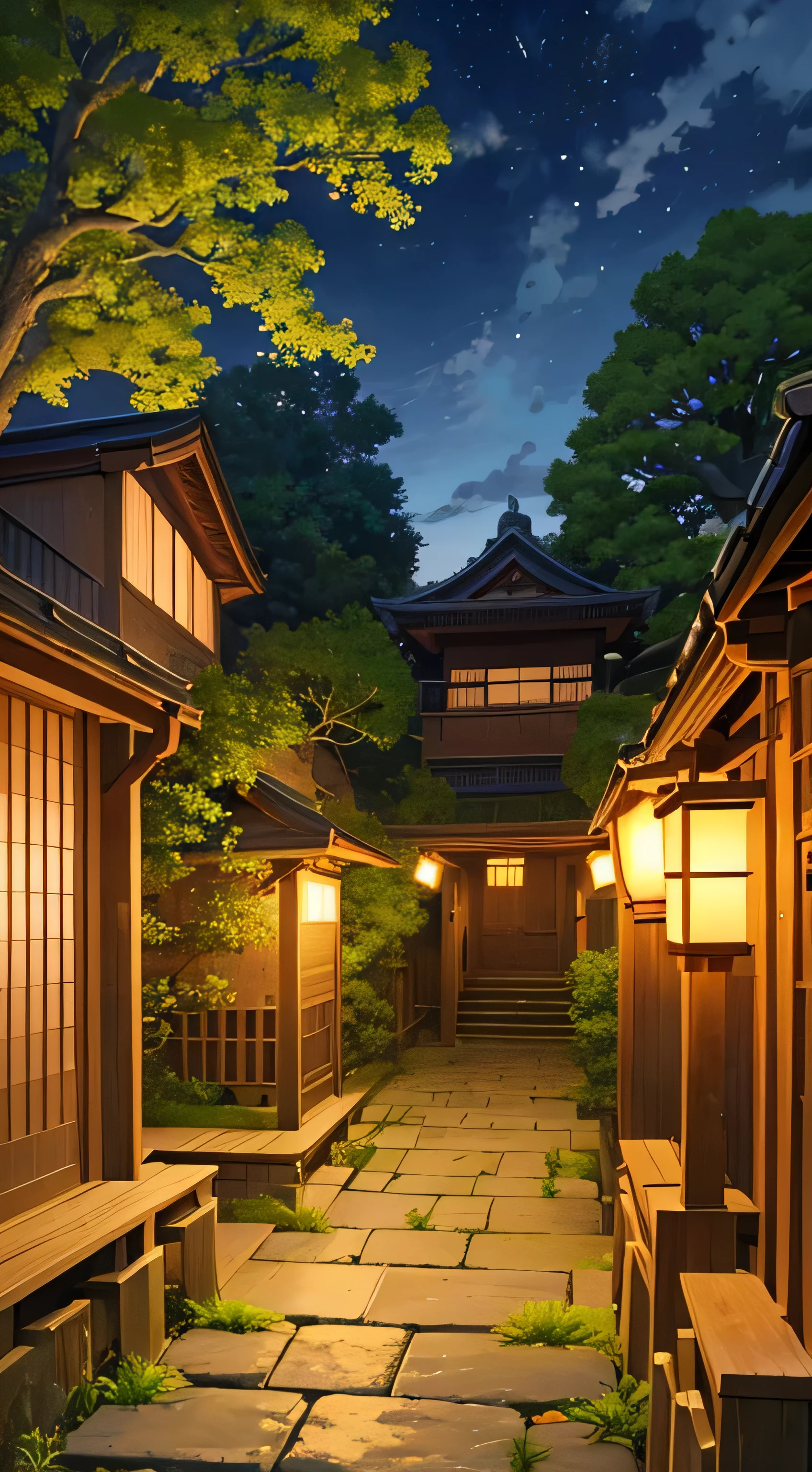 Create a Studio Ghibli-inspired landscape depicting the charm of Kyoto. The scene should feature traditional machiya houses with tiled roofs and wooden façades lining a quaint, narrow street. Lanterns softly illuminate the cobblestone pathway, casting warm, inviting light. In the background, include a serene river flowing gently under an arched stone bridge adorned with moss and ancient lanterns. Cherry blossom trees in full bloom sway gently in the breeze, their petals softly falling. Above, a sky painted in soft pastel hues transitions from sunset to dusk, with a few fluffy clouds drifting by. Capture the essence of Studio Ghibli’s magical realism, emphasizing the peaceful and nostalgic atmosphere that evokes a sense of wonder and tranquility.
