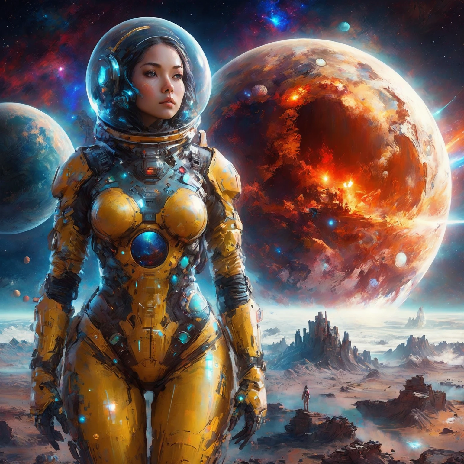 a woman in a space suit standing in front of a planet, portrait armored astronaut girl, cyborg goddess in cosmos, beautiful woman in spacesuit, sci-fi digital art, scifi woman, sci-fi digital art illustration, epic fantasy sci fi illustration, sci-fi fantasy art, sci fi artwork, greg beeple, beautiful sci fi art, sci - fi artwork