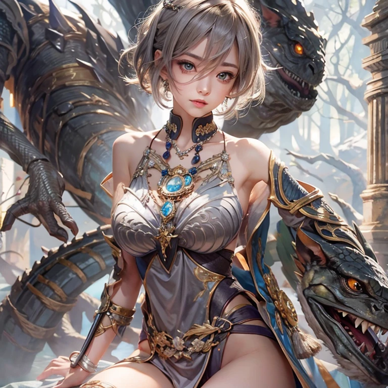 hyper-closeup Chimera beast character, in the style of Artgerm, Stanley Lau, energetic brushwork, elaborate details, semi-realism, dynamic compositions, anime-inspired, powerful, layered textures, graphic novel aesthetic