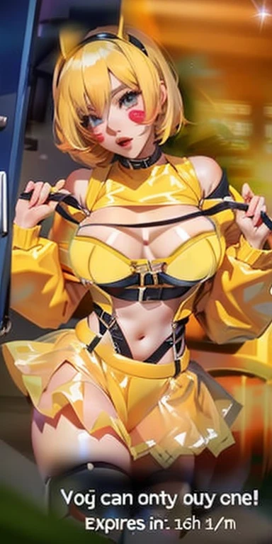 Anime girl in yellow clothes taking pictures with a mobile phone, Faye Wong Valentine's Day, Popular on cgstation, Qatar, rossdraws cartoon vitality, Like artgerm, Attractive anime girl, (SFW) Work, luster, Extremely detailed artger, Kagamine Rin, Used cloth, Space suit, :: rossdraws,Plump cleavage,Huge soft breasts。