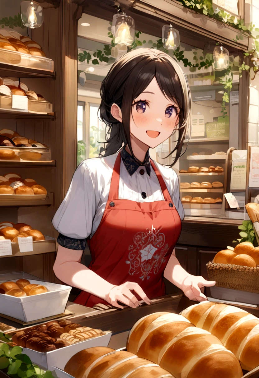 Bakery in the shopping district、A cheerful female store clerk