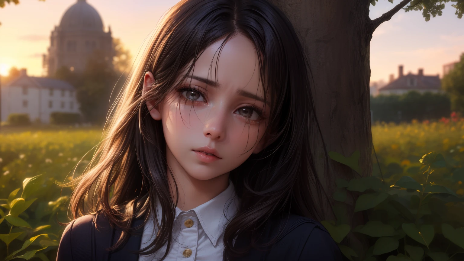 (1 girl), brown eyes, (highly detailed eyes, highly detailed face), (Too realistic, hight resolution), (best quality:1.4), (high , pleated mini skirt:1.2), model, charming, sublime, outside the building, in the garden, Under a big tree, sunset, alone, Tears in her eyes, beard, cry