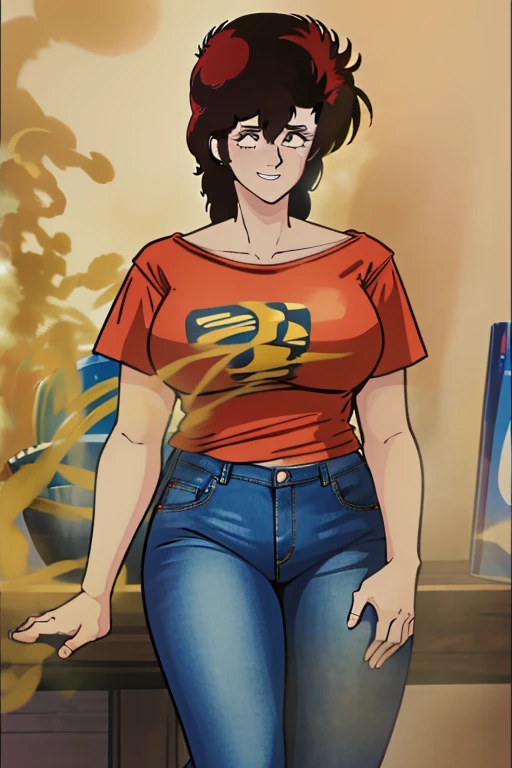 HD, high quality, high resolution, ultrahd,Kaori Makimura, 1female, wearing casual outfit, red offshoulder tshirt, jeans, default hair, brown hair, tall body, big body, massive fart, yellow smoke, clemching teeth, smiling, wide eyes, leaning, embarrassed